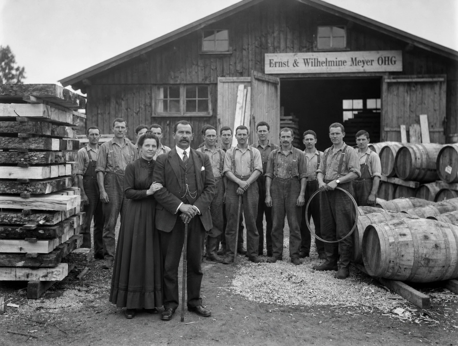 Ernst Blasius und Wilhelmine Meyer vor der Werkstatt der Ernst & Wilhelmine Meyer OHG, vor 1932